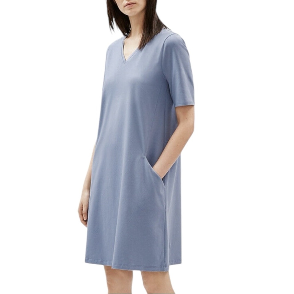 Eileen Fisher Dusty Blue V-Neck Short Sleeve Shift Dress